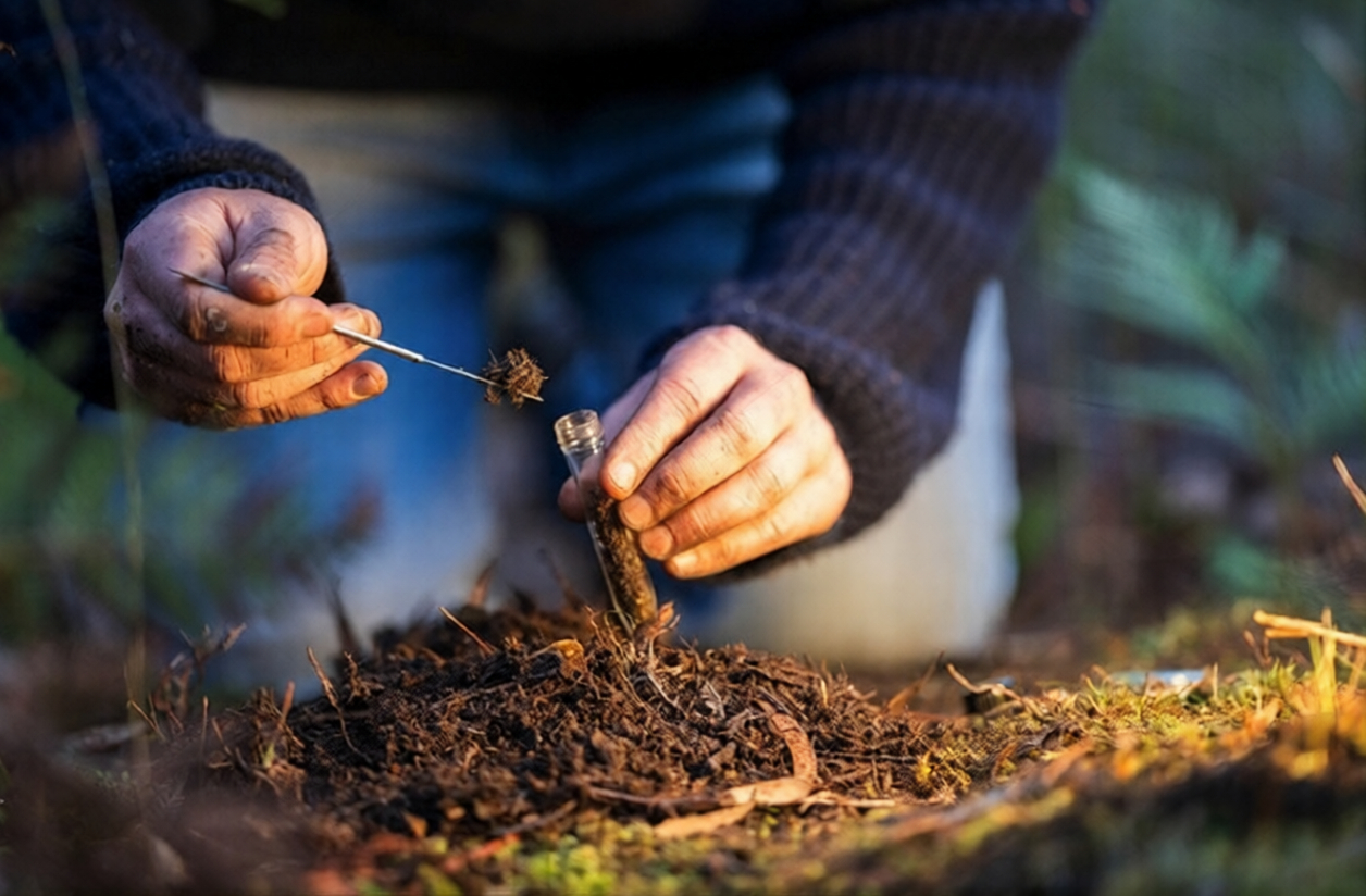 Soil analysis scene with soil sample and testing tools